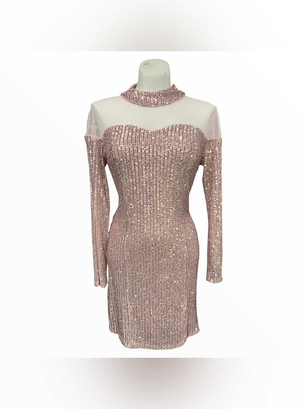 Berta Blush Sequin Long-Sleeve Mesh Yoke Bodycon Dress Size XS